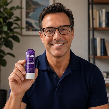 Man holding a container labeled 'asune tablets'. He is wearing glasses and a dark polo shirt. Purple bottle with 'asune' in white text.