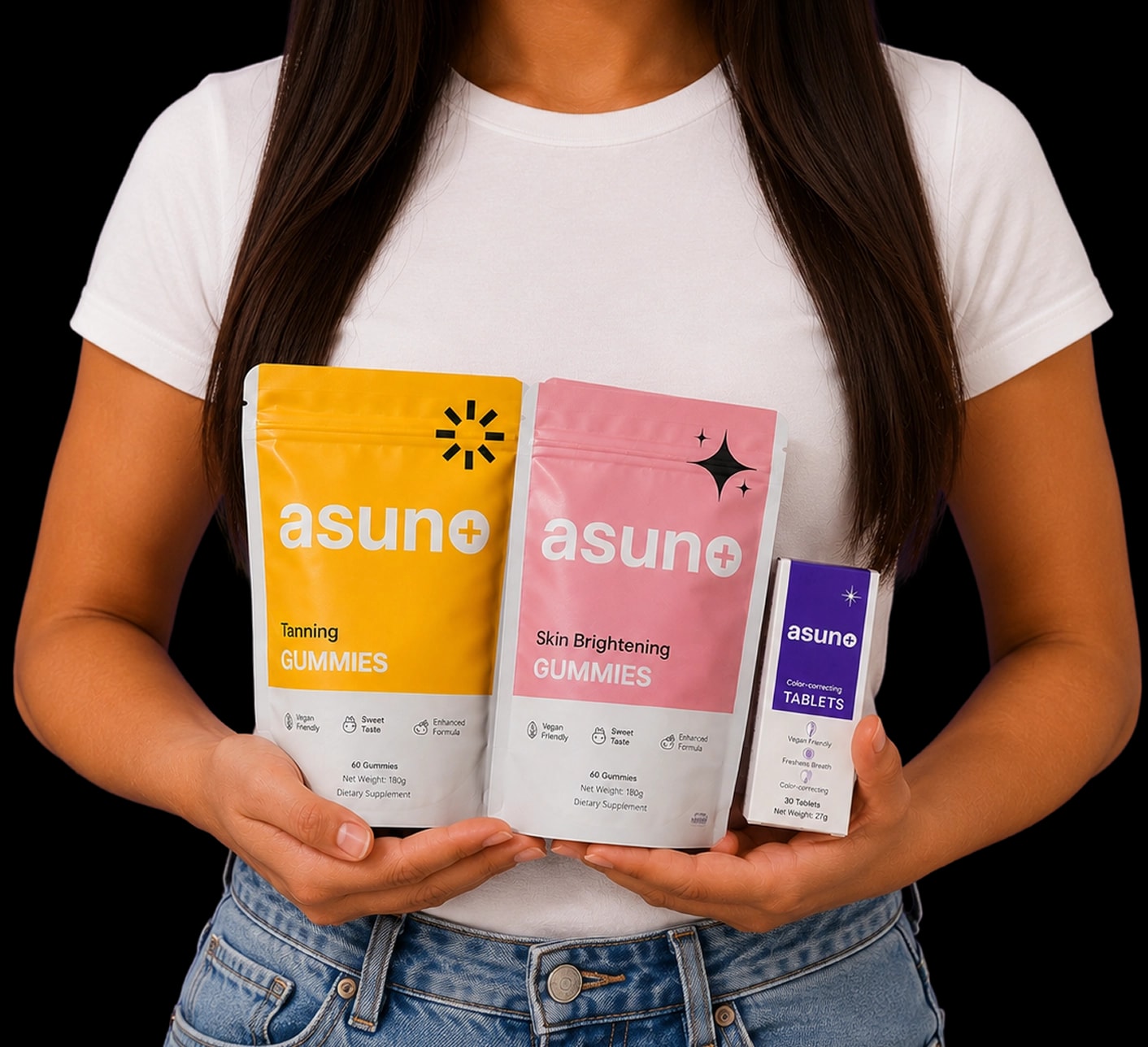 A woman holding Asune brand yellow gummies for tanning, pink gummies for skin brightening, and purple tablets labeled Asune, all with branding visible.