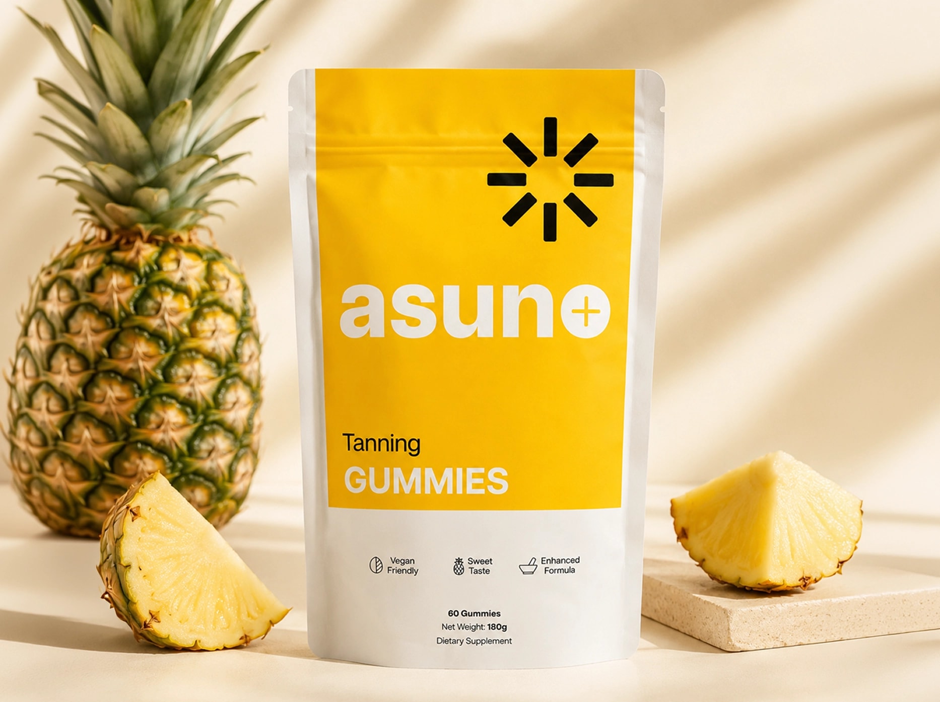 Asuno Plus Yellow and White Package for Tanning Gummies with Sun Design, Pineapple on Brown Block, Pineapple Slices Arranged Around